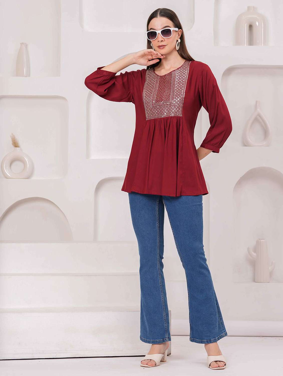 women embroidered three quarter sleeve kurti - 22079816 - Standard Image - 5