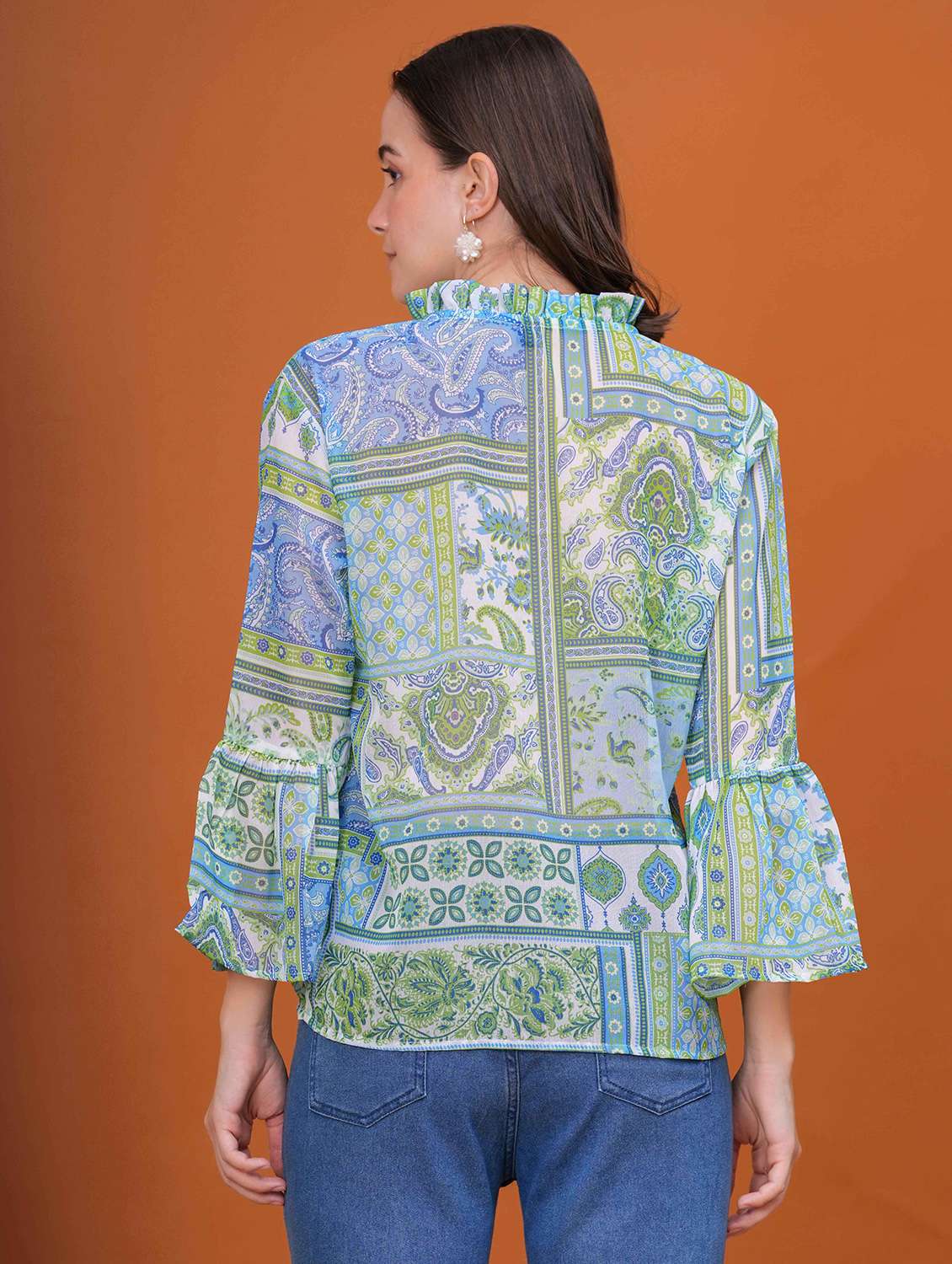 women printed bell slevee regular top - 22079820 - Standard Image - 3