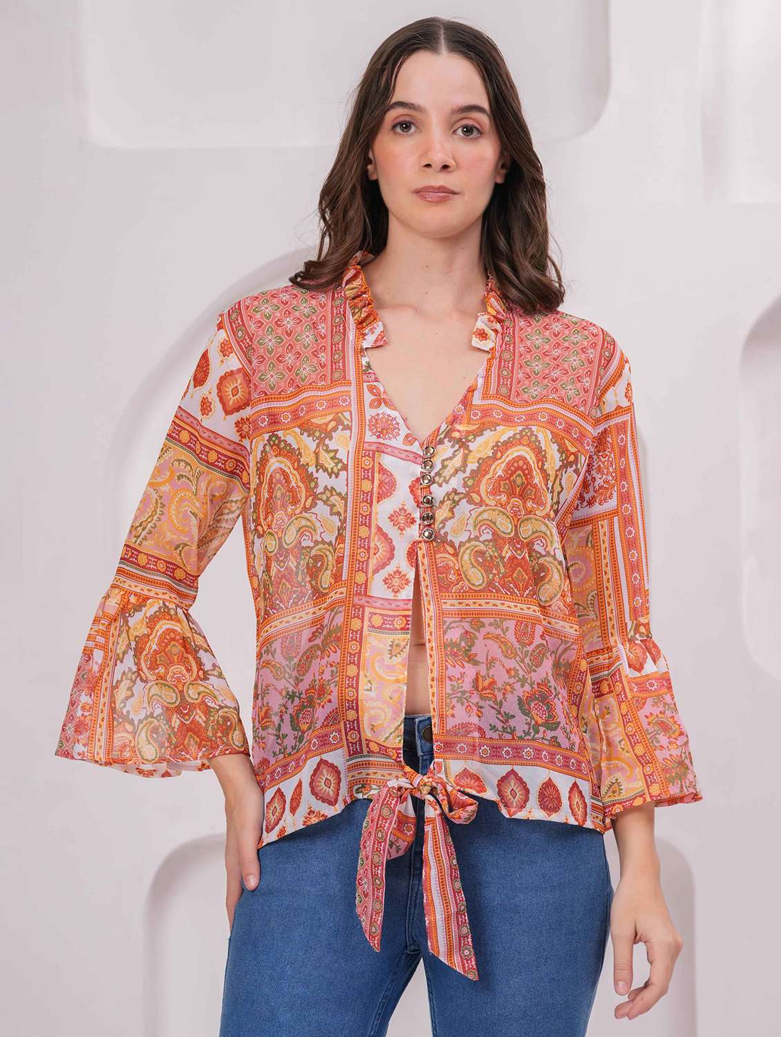women printed bell sleeve regular top - 22079821 - Zoom Image - 0