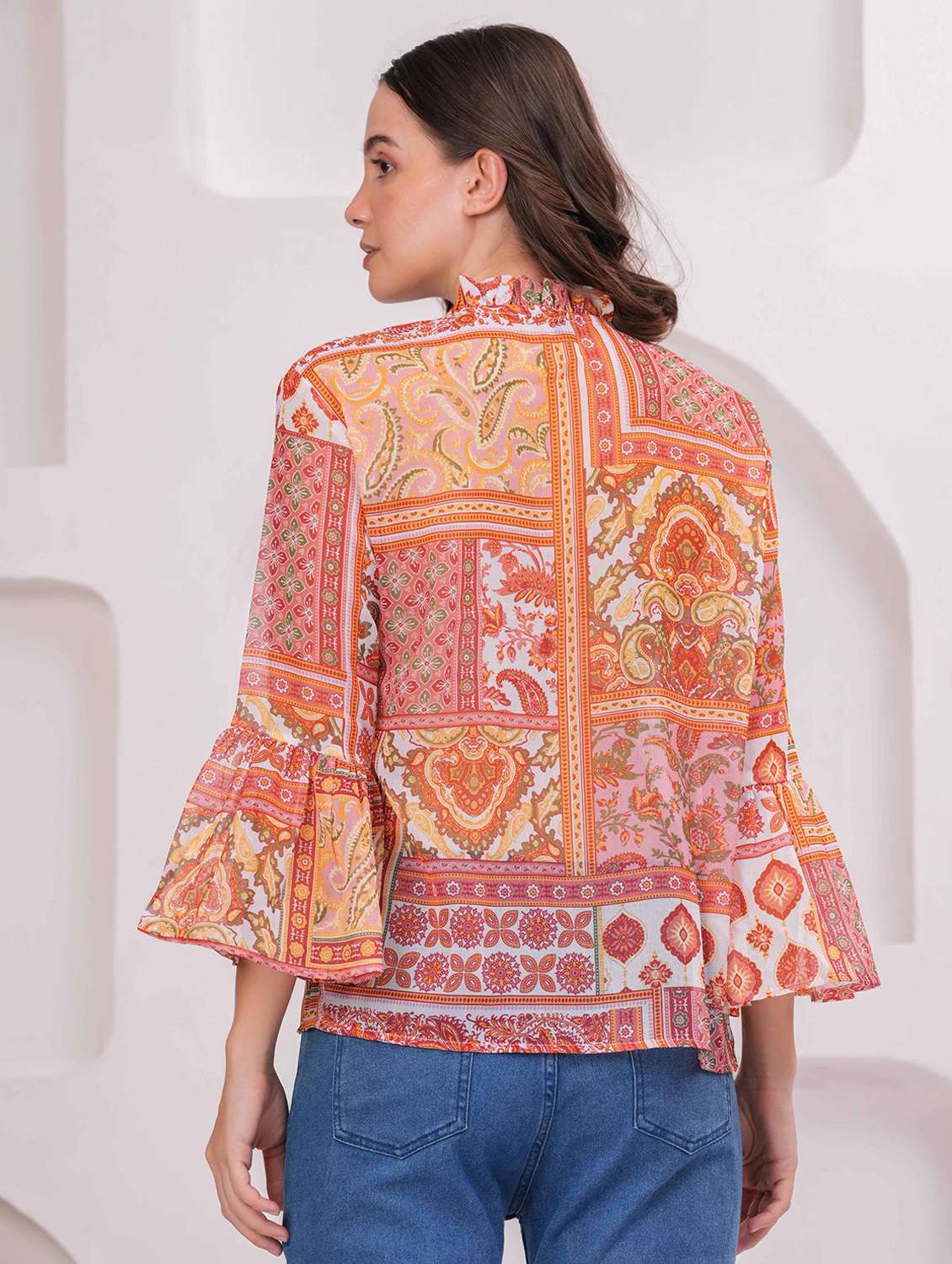 women printed bell sleeve regular top - 22079821 - Standard Image - 3