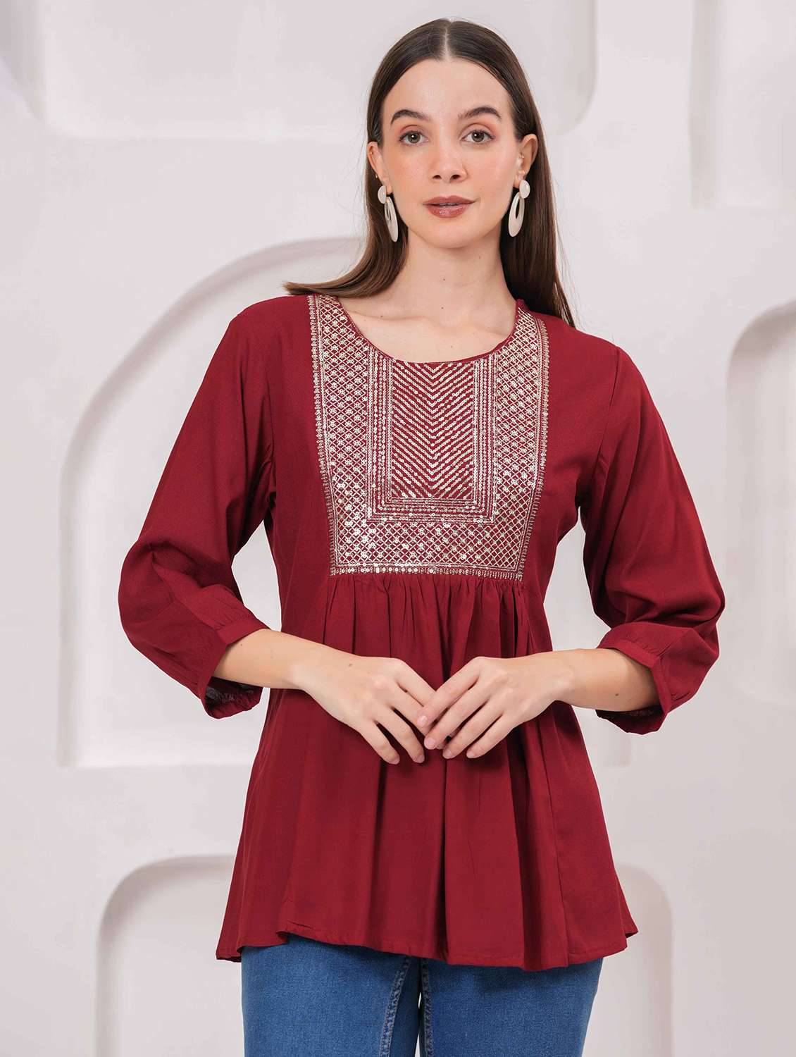 women embroidered three quarter sleeve kurti - 22079822 - Zoom Image - 0