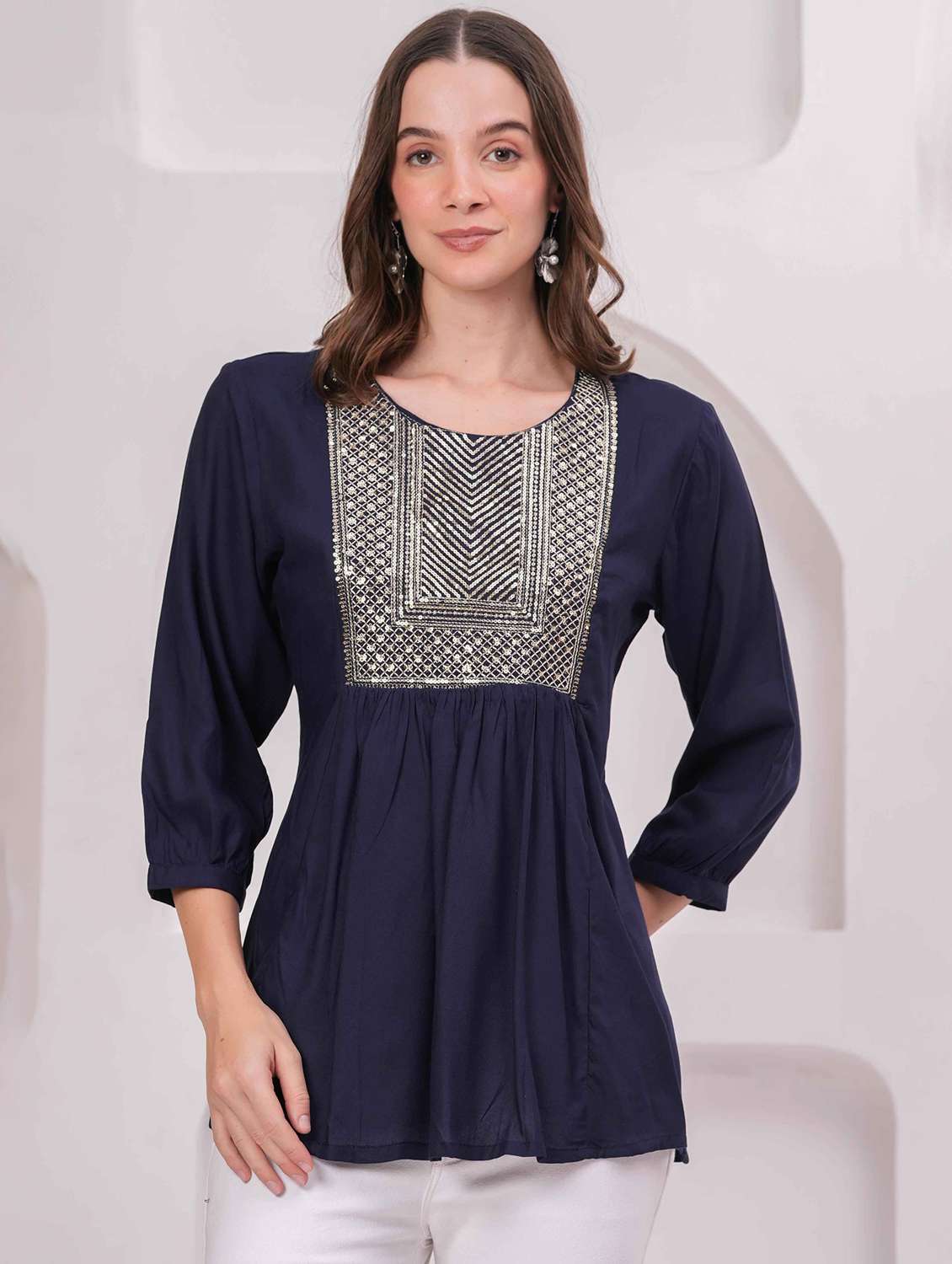 women embroidered three quarter sleeve kurti - 22079823 - Zoom Image - 0
