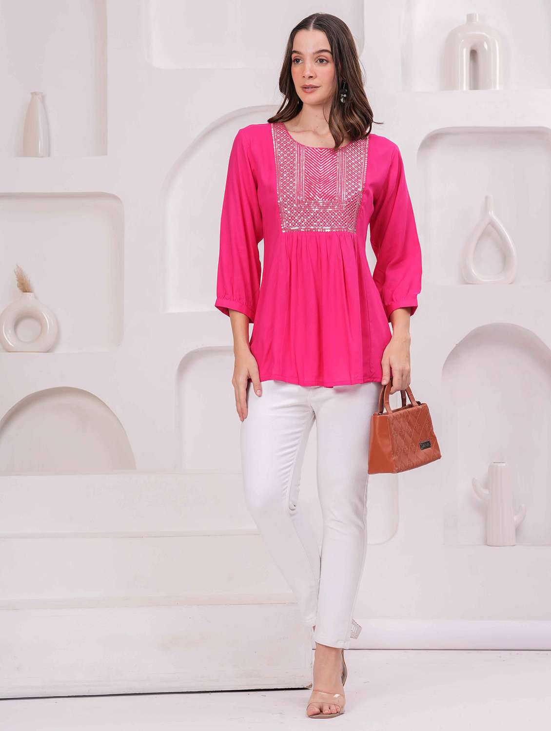 women embroidered three quarter sleeve kurti - 22079824 - Standard Image - 5