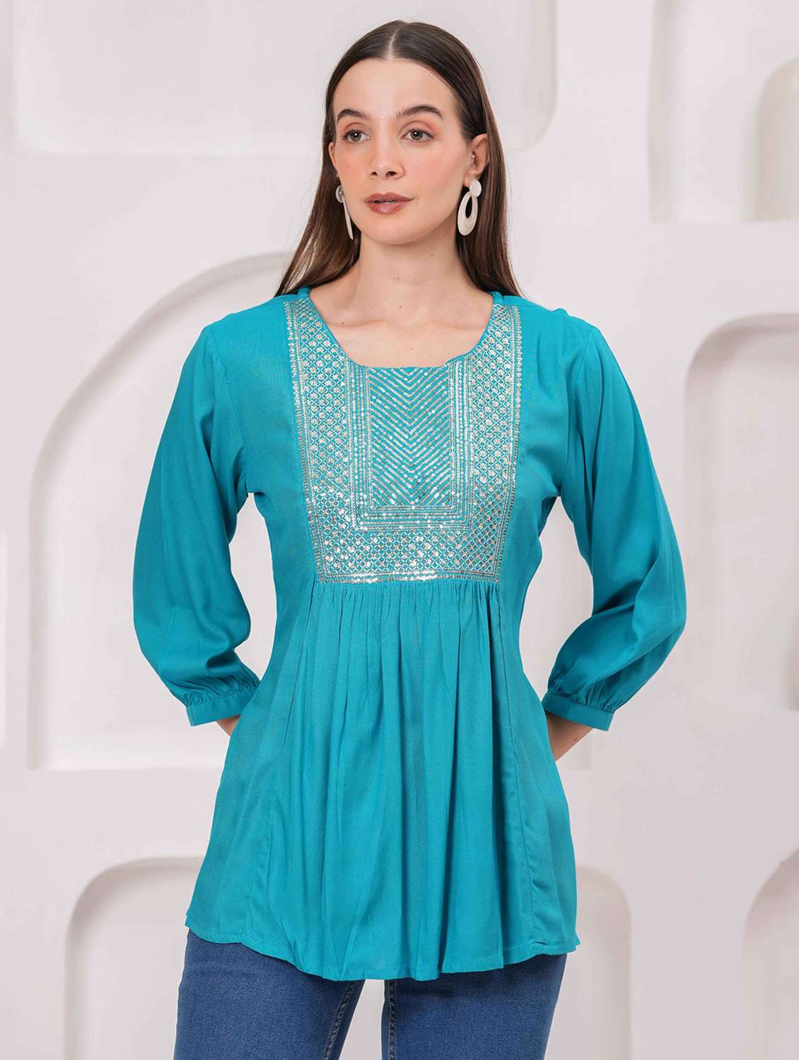 women embroidered three quarter sleeve kurti - 22079825 - Zoom Image - 0