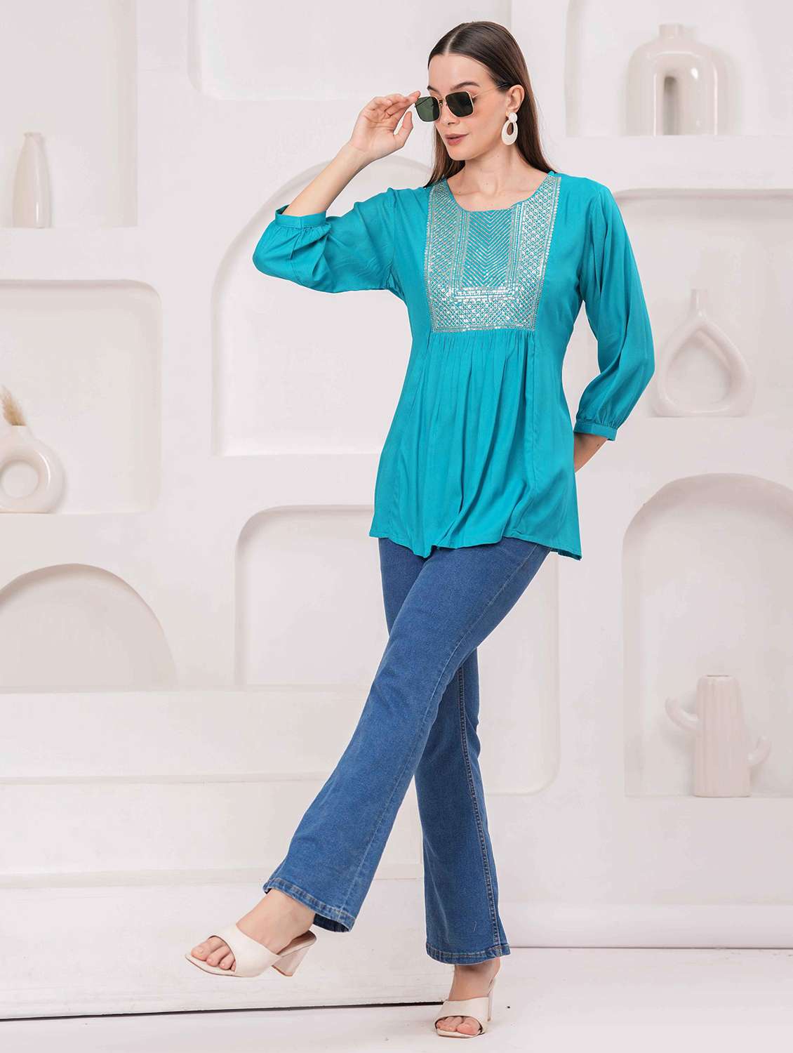 women embroidered three quarter sleeve kurti - 22079825 - Standard Image - 5