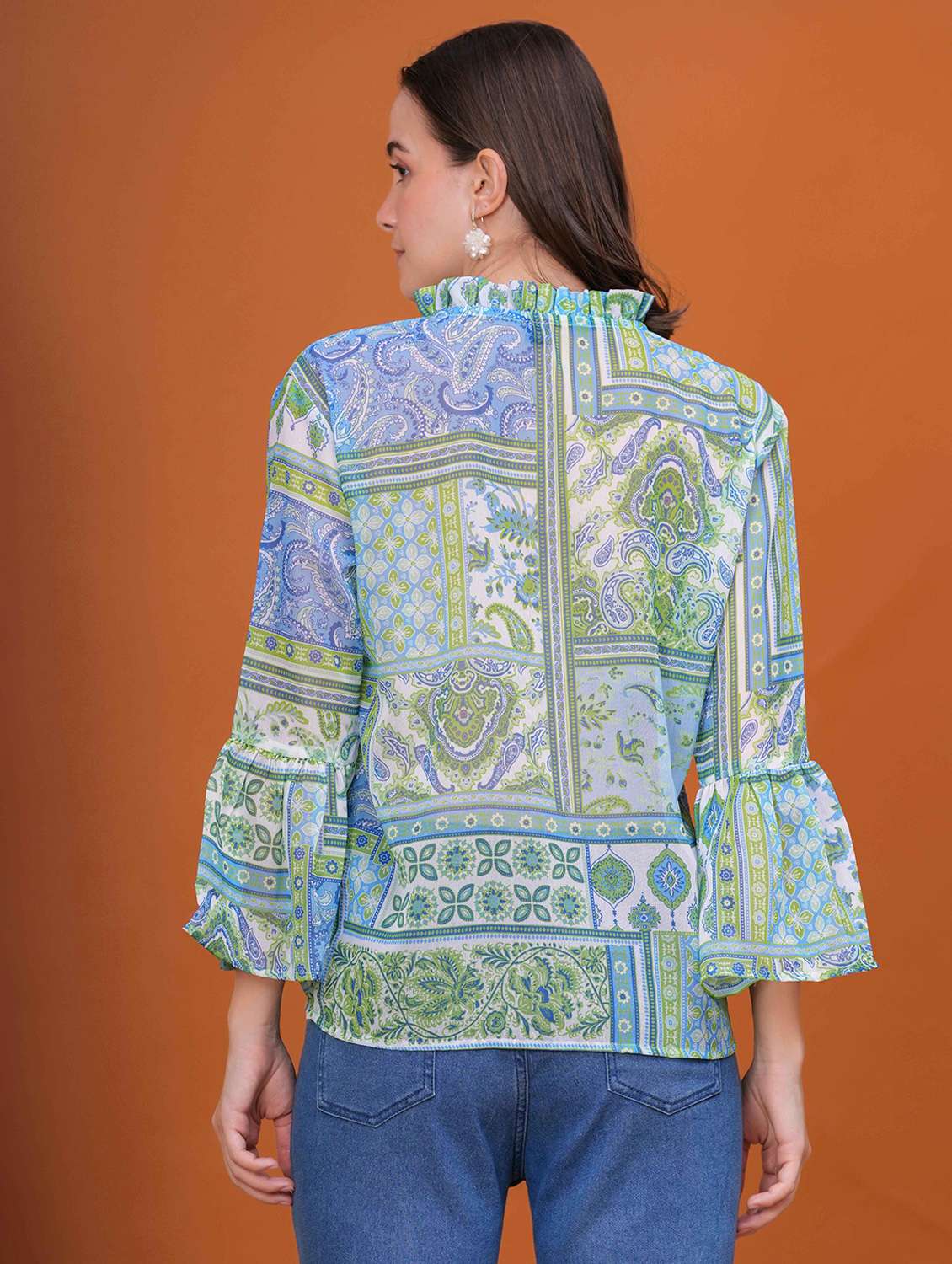 women printed bell slevee regular top - 22079826 - Standard Image - 3