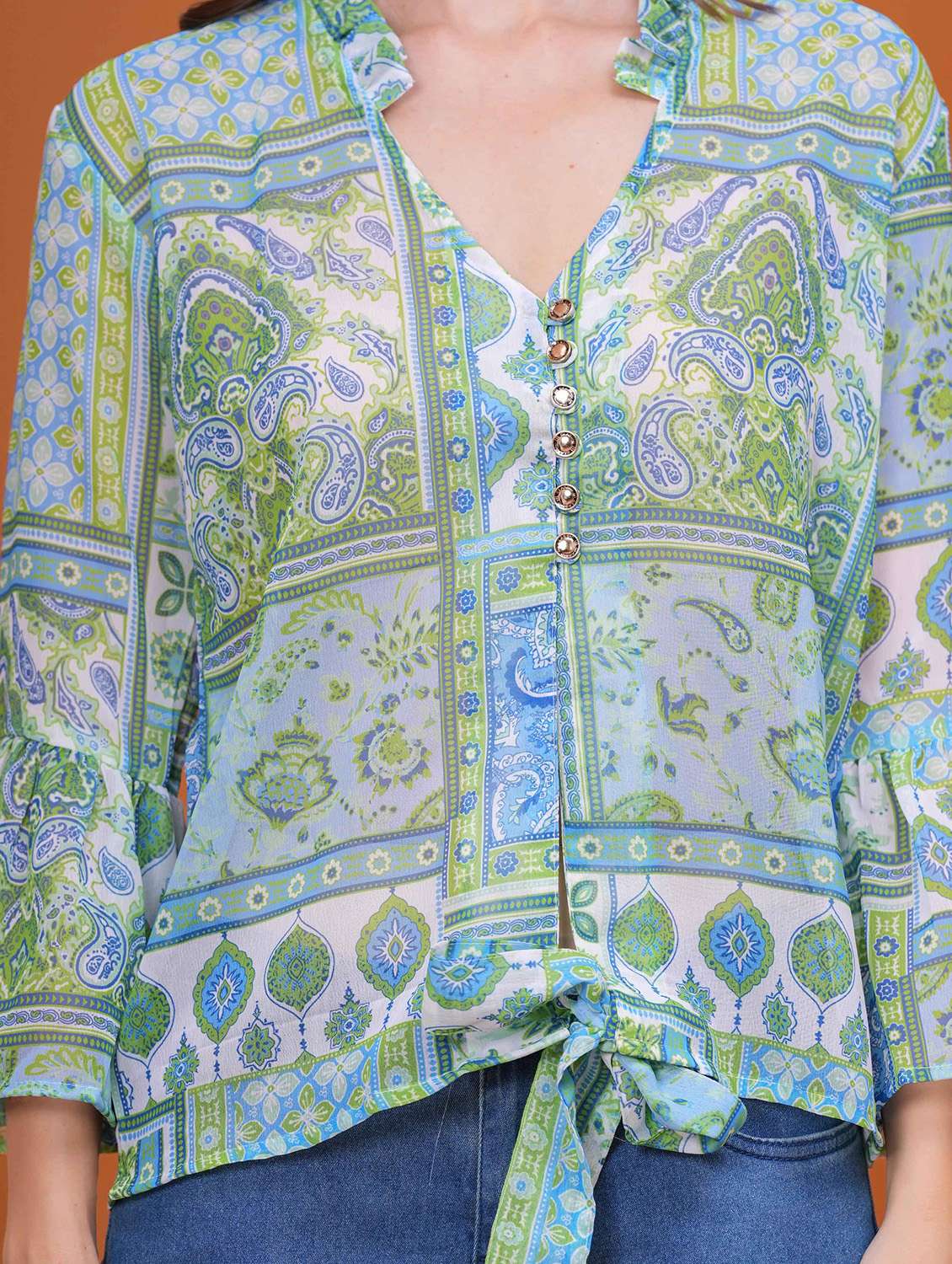 women printed bell slevee regular top - 22079826 - Standard Image - 5