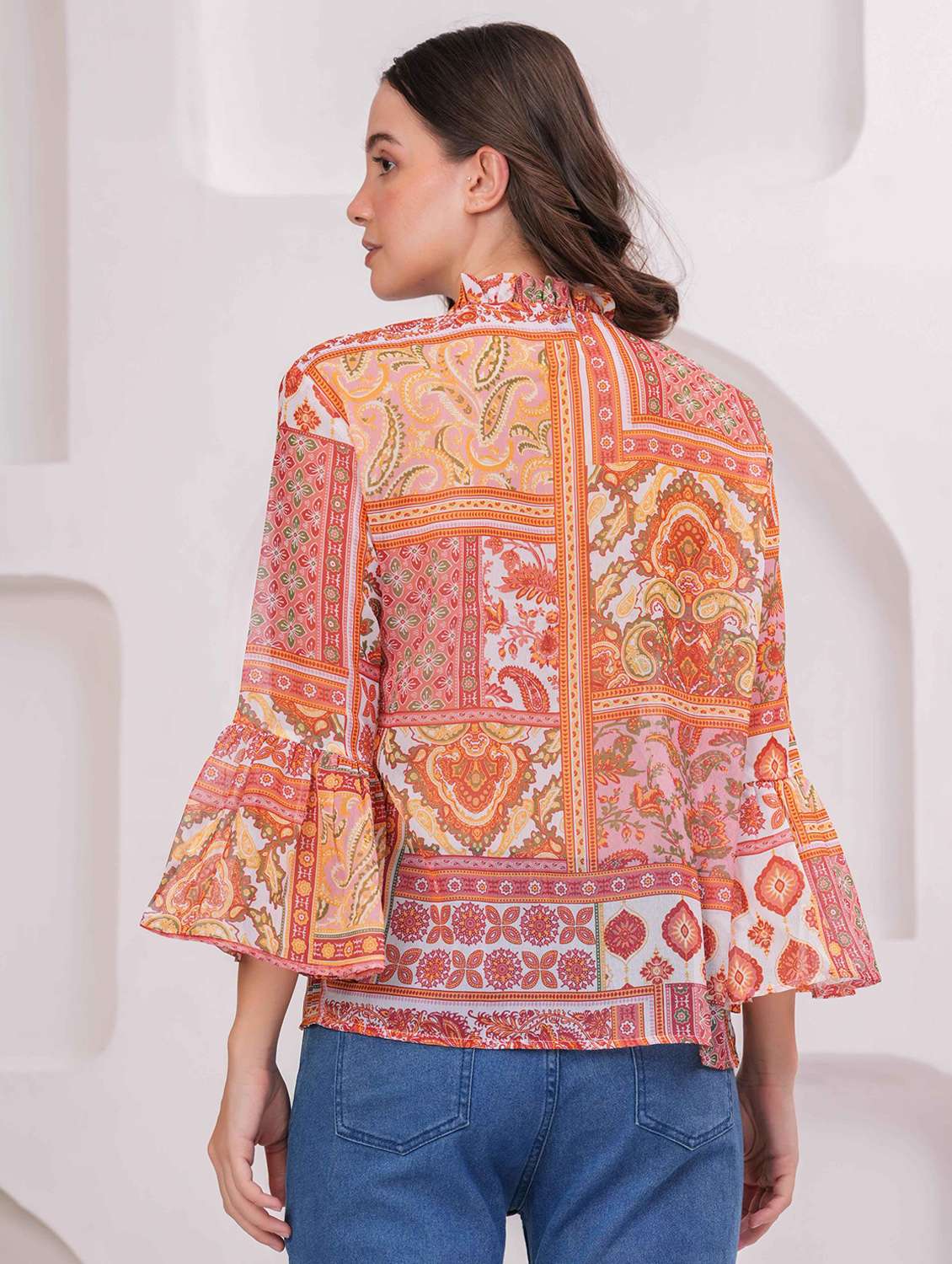 women printed bell slevee regular top - 22079827 - Standard Image - 3