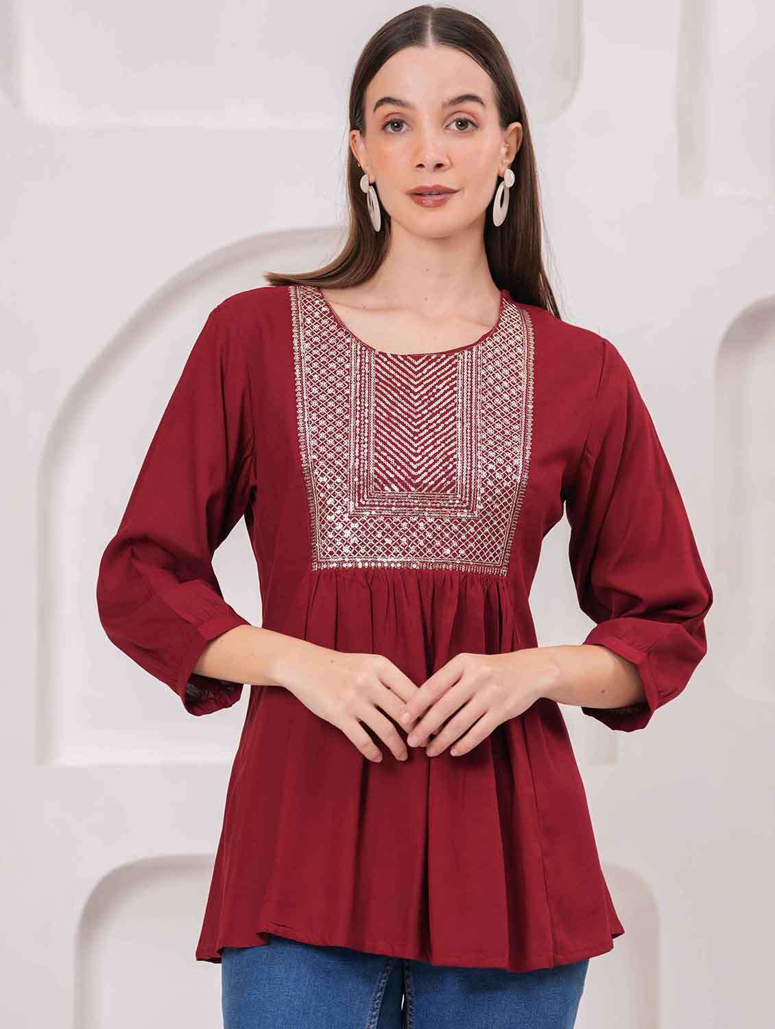 women embroidered three quarter sleeve kurti - 22079844 -  Zoom Image - 0
