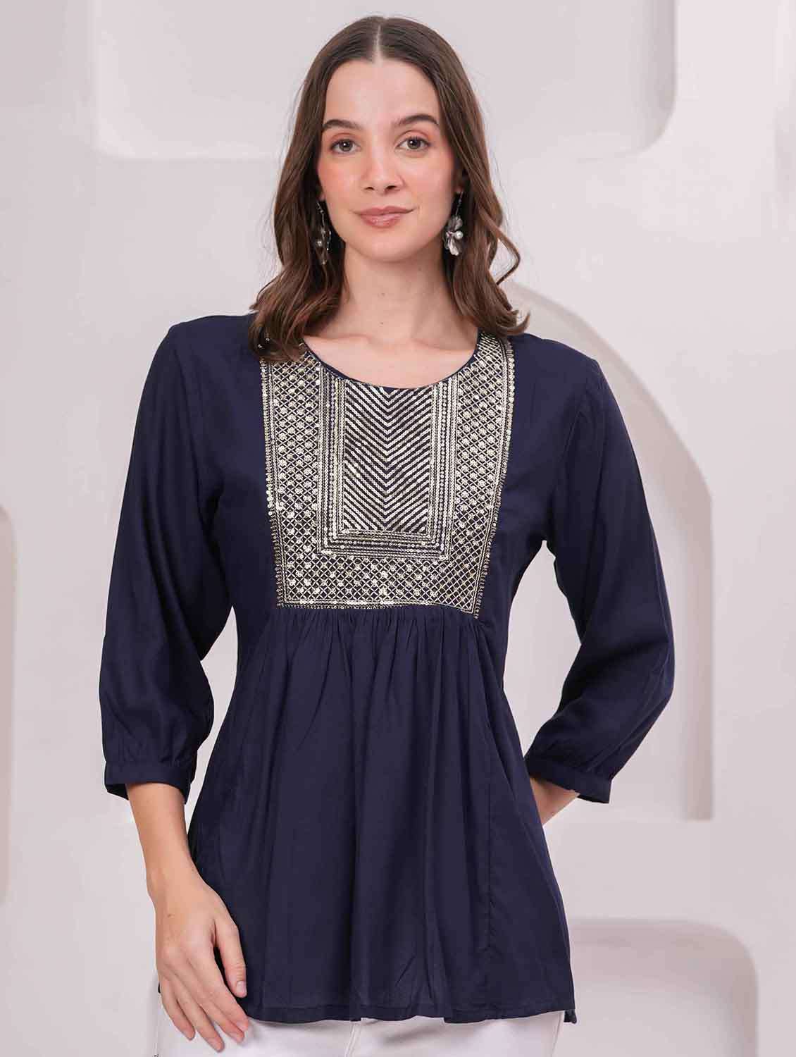 women embroidered three quarter sleeve kurti