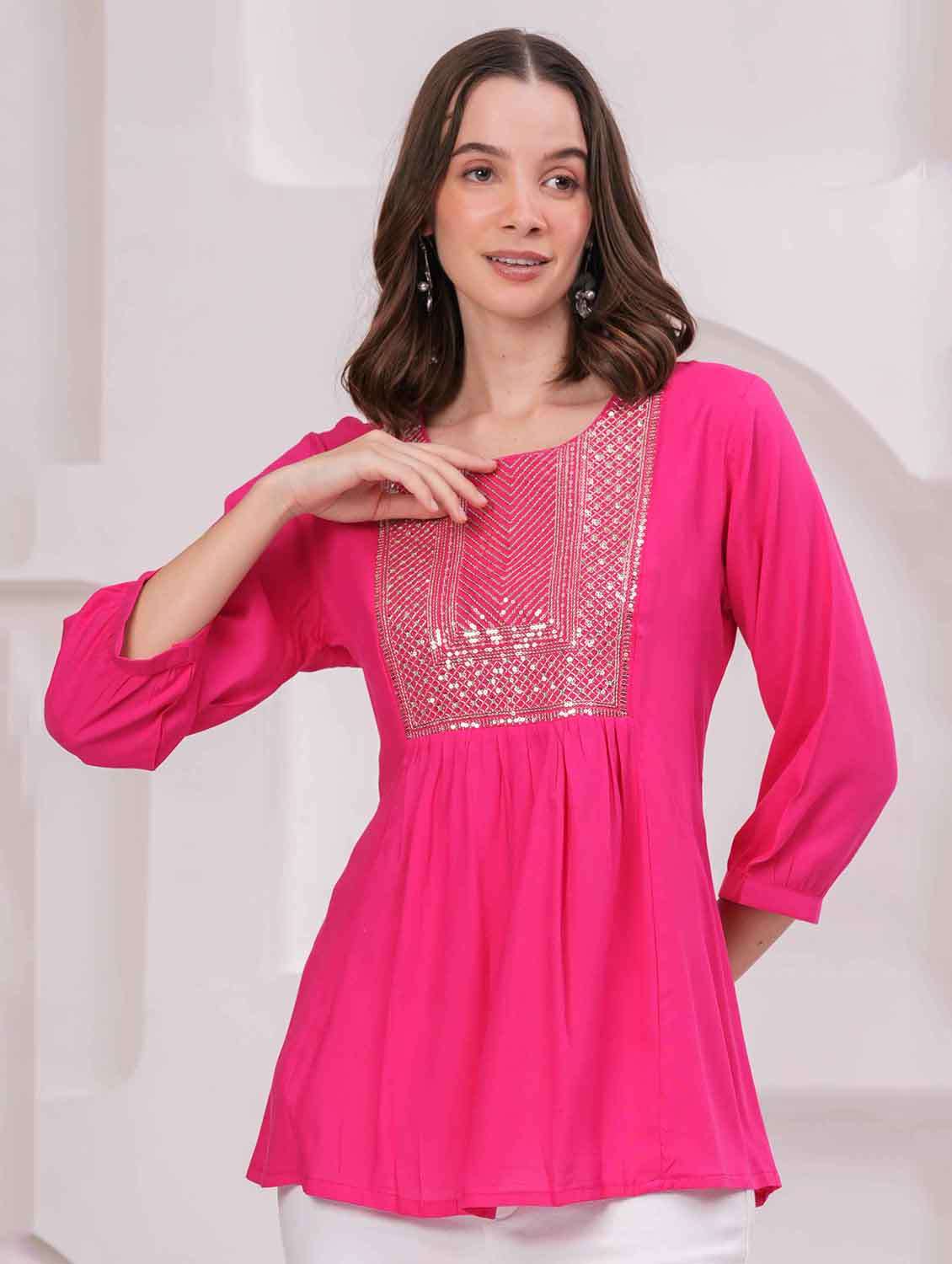 women embroidered three quarter sleeve kurti