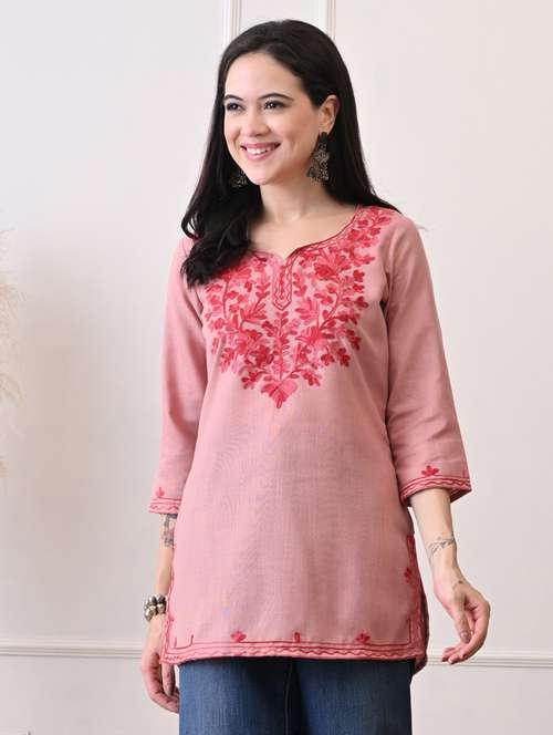 women embroidered three quarter sleeve straight kurti - 22079860 -  Standard Image - 0