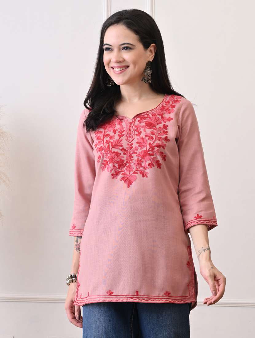 women embroidered three quarter sleeve straight kurti - 22079860 -  Zoom Image - 0