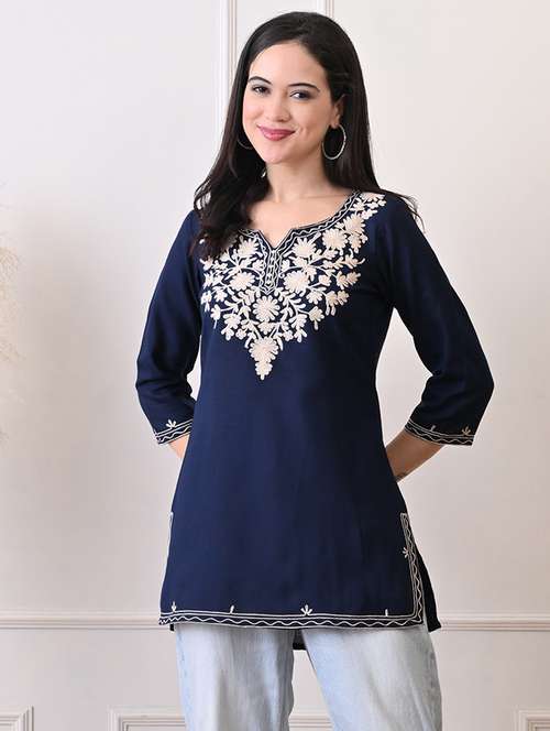 women embroidered three quarter sleeve straight kurti - 22079861 - Standard Image - 0