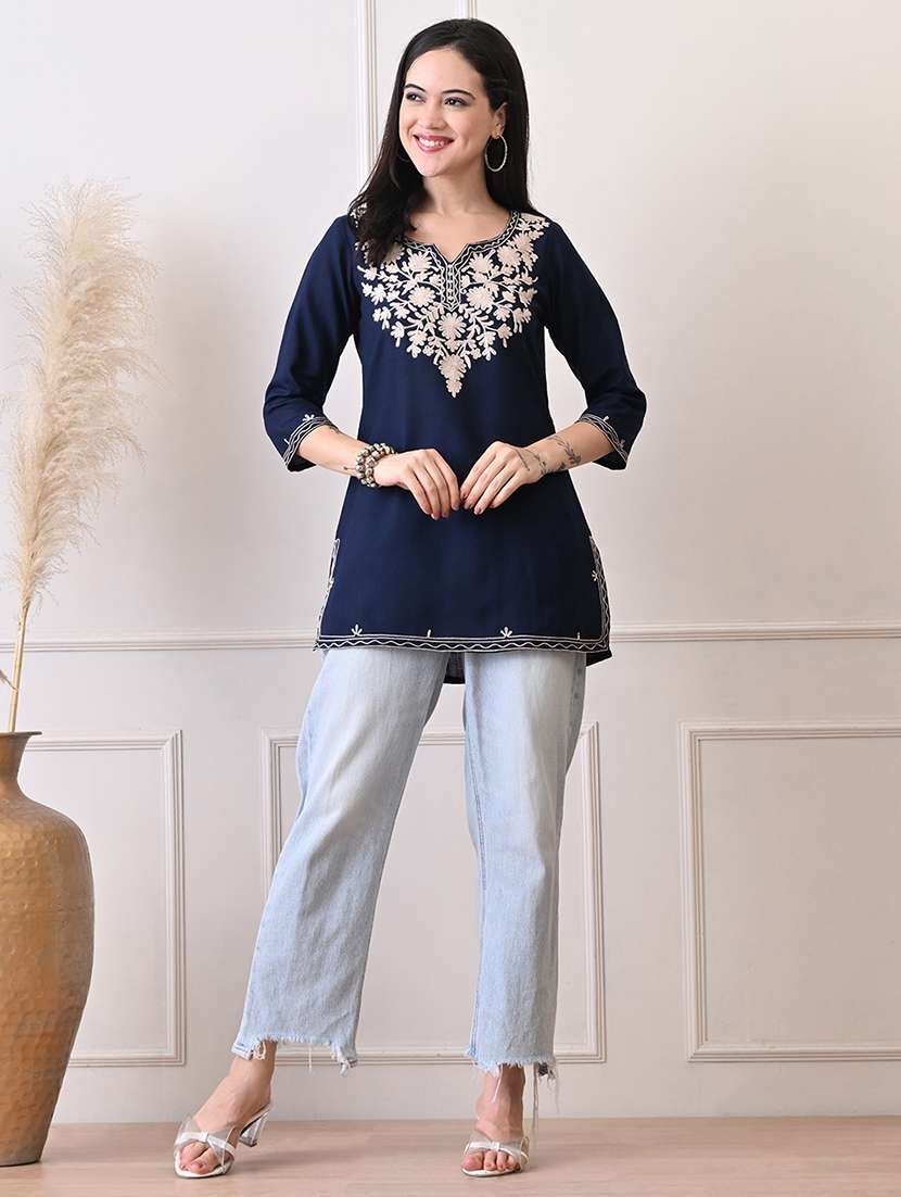 women embroidered three quarter sleeve straight kurti - 22079861 - Standard Image - 3