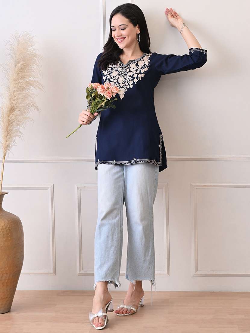 women embroidered three quarter sleeve straight kurti - 22079861 - Standard Image - 5