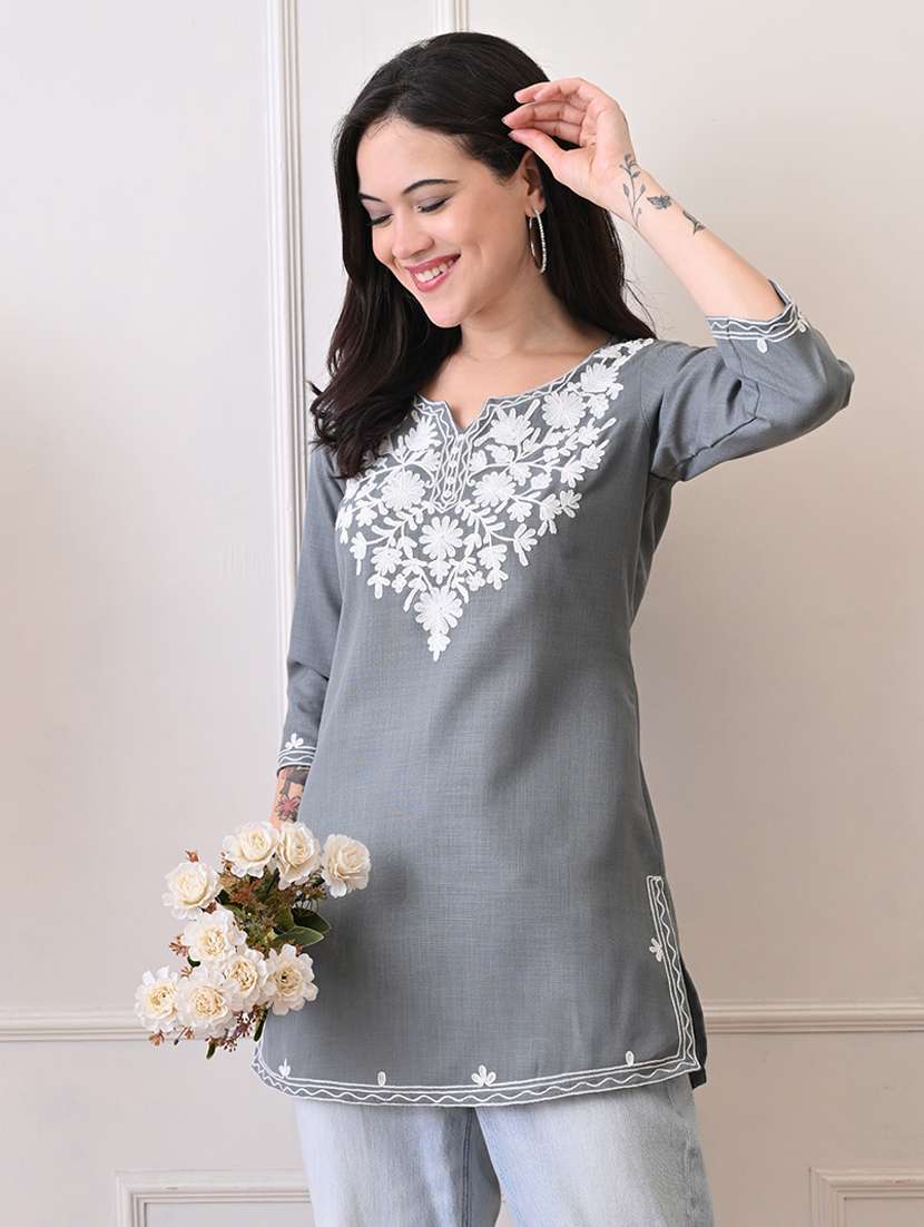 women embroidered three quarter sleeve straight kurti - 22079862 - Zoom Image - 0