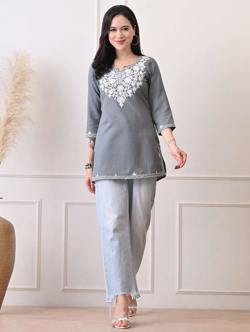 women embroidered three quarter sleeve straight kurti - 22079862 - Standard Image - 3
