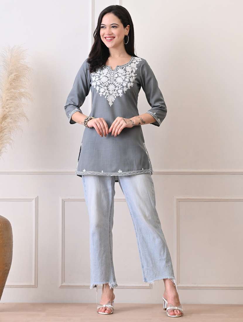 women embroidered three quarter sleeve straight kurti - 22079862 - Standard Image - 5