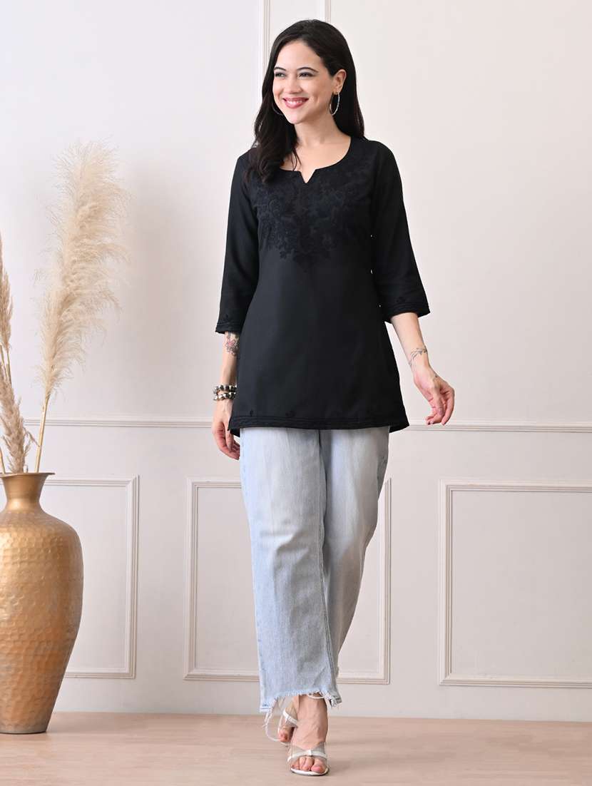 women embroidered three quarter sleeve straight kurti - 22079863 - Standard Image - 3