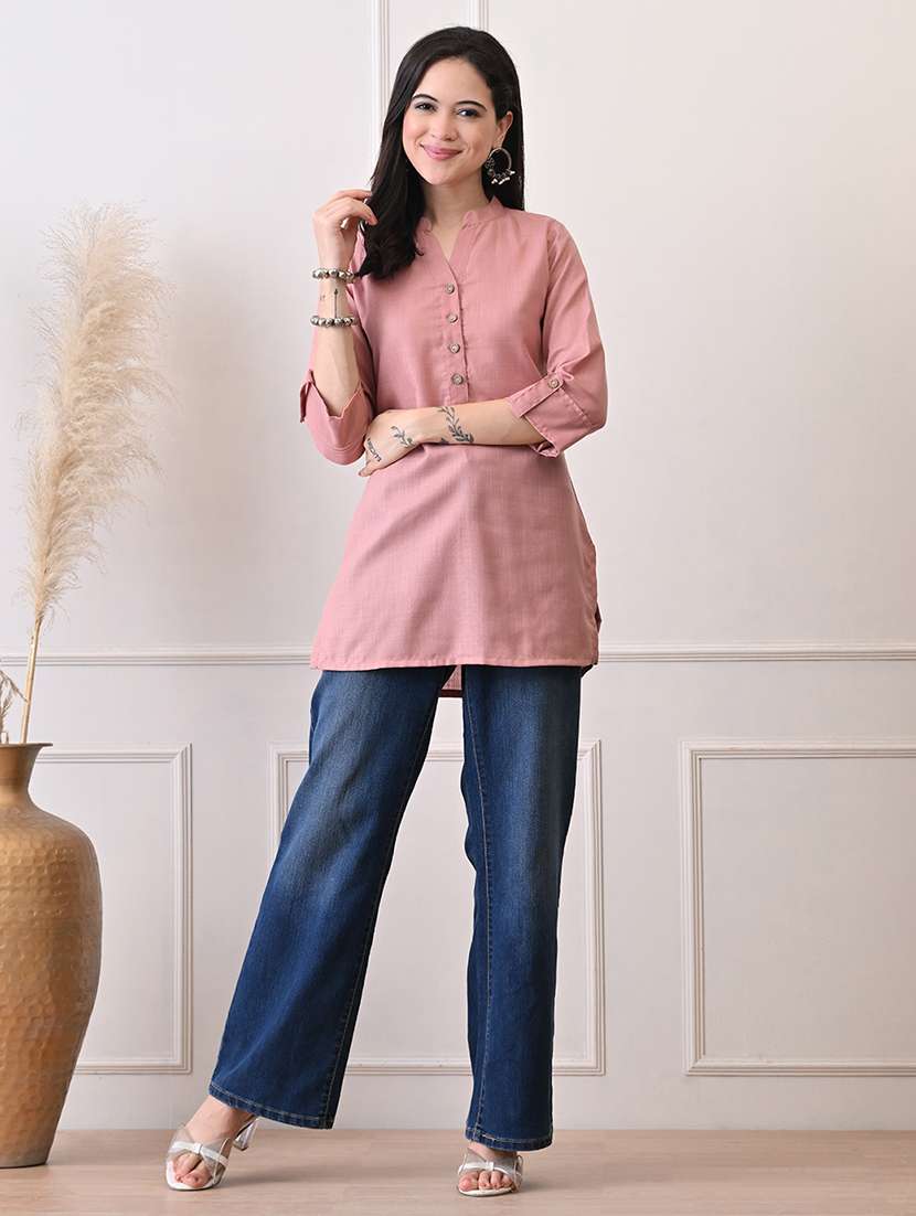 women solid three quarter sleeve straight kurti - 22079866 - Standard Image - 3