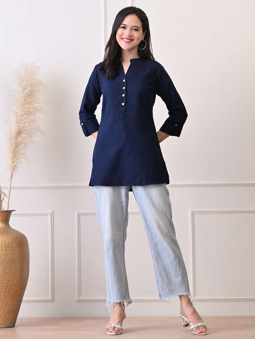 women solid three quarter sleeve straight kurti - 22079867 - Standard Image - 5