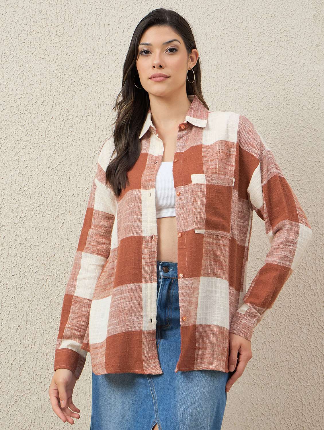 women checkered long sleeve collared oversized shirt - 22079868 -  Zoom Image - 0