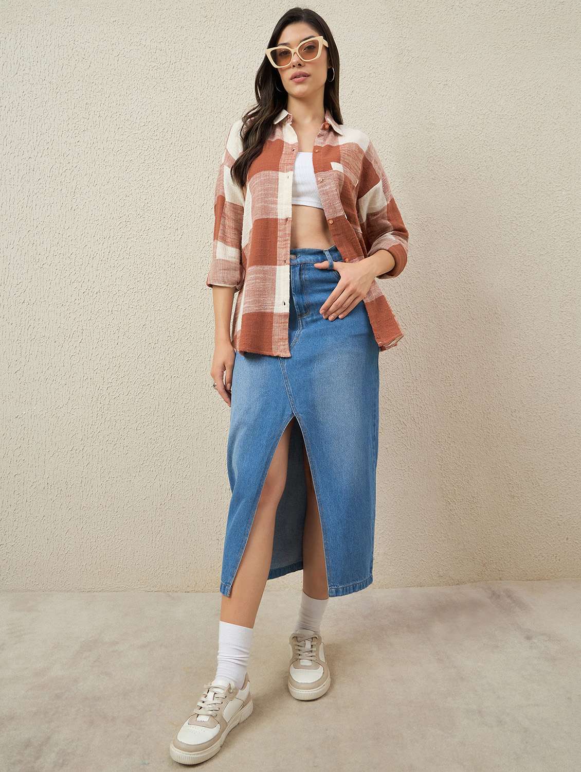 women checkered long sleeve collared oversized shirt - 22079868 - Standard Image - 5