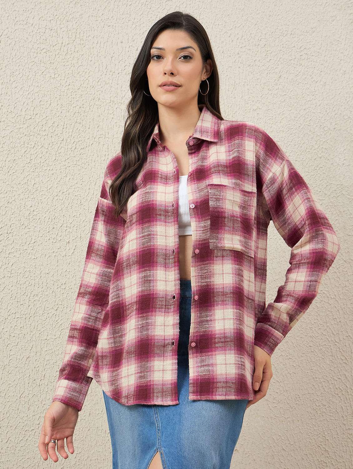 women checkered long sleeve collared oversized shirt - 22079869 -  Zoom Image - 0