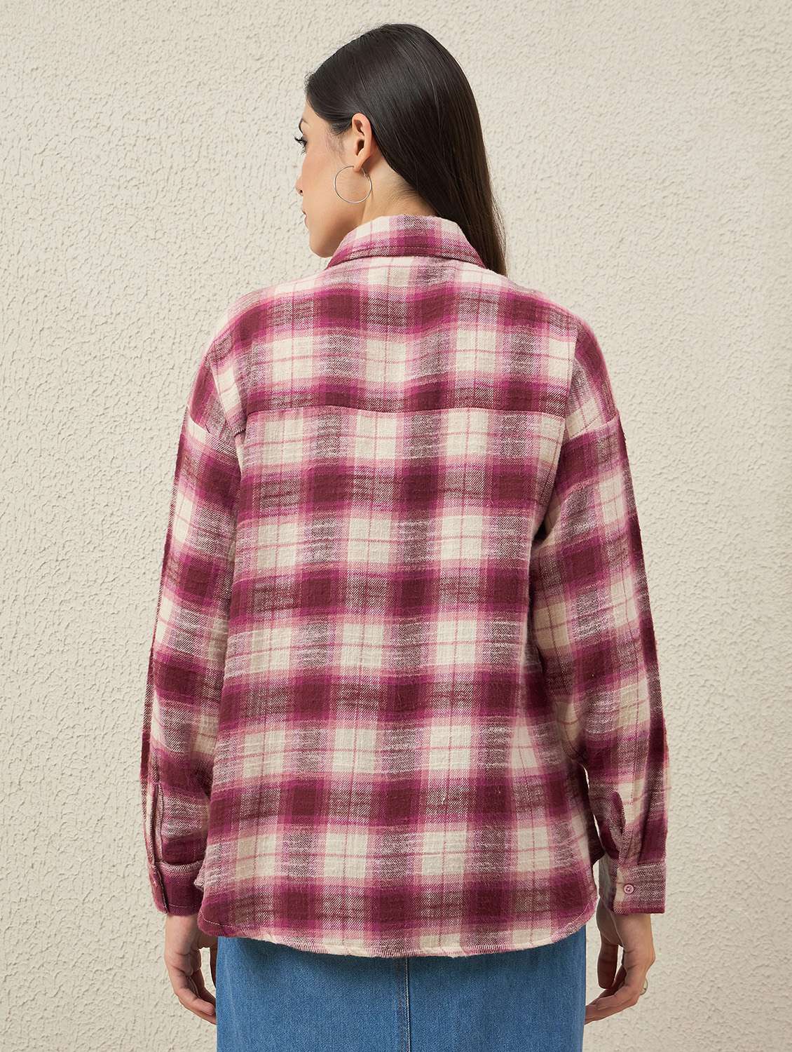 women checkered long sleeve collared oversized shirt - 22079869 - Standard Image - 3