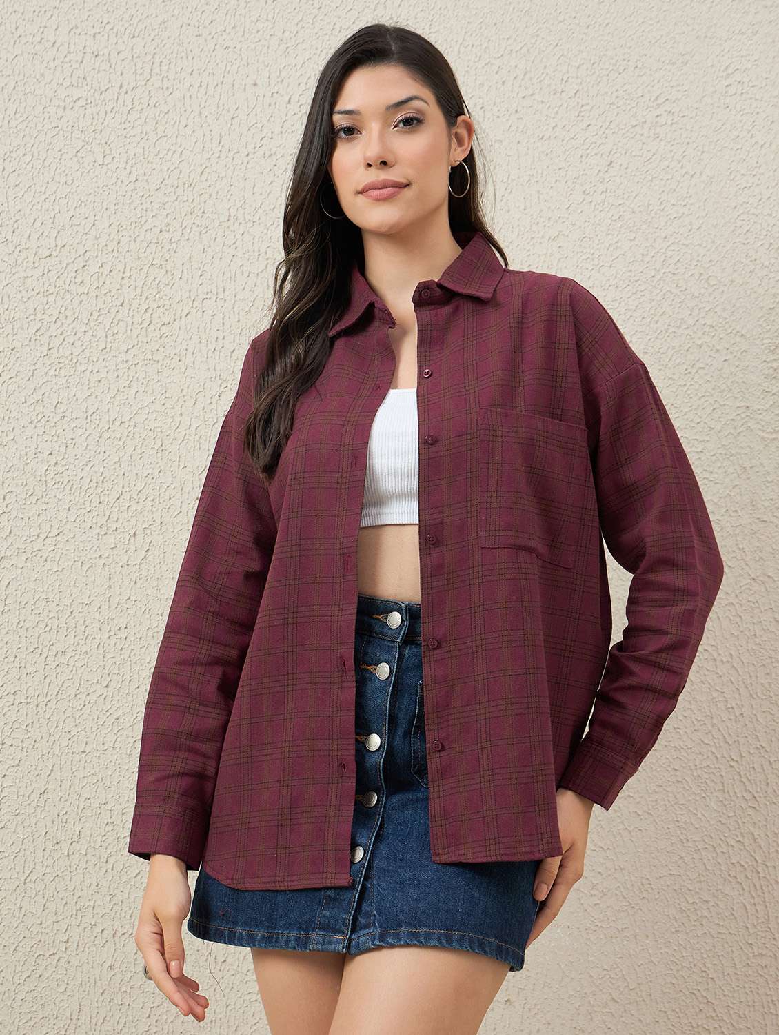 women checkered long sleeve collared oversized shirt - 22079870 - Zoom Image - 0