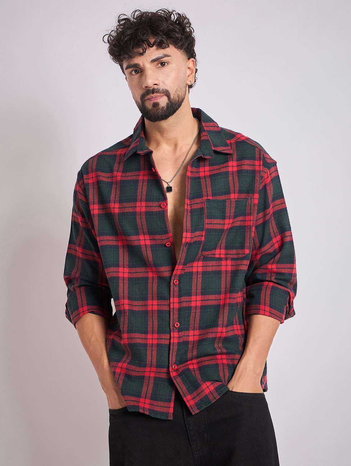 men checkered long sleeve oversized casual shirt