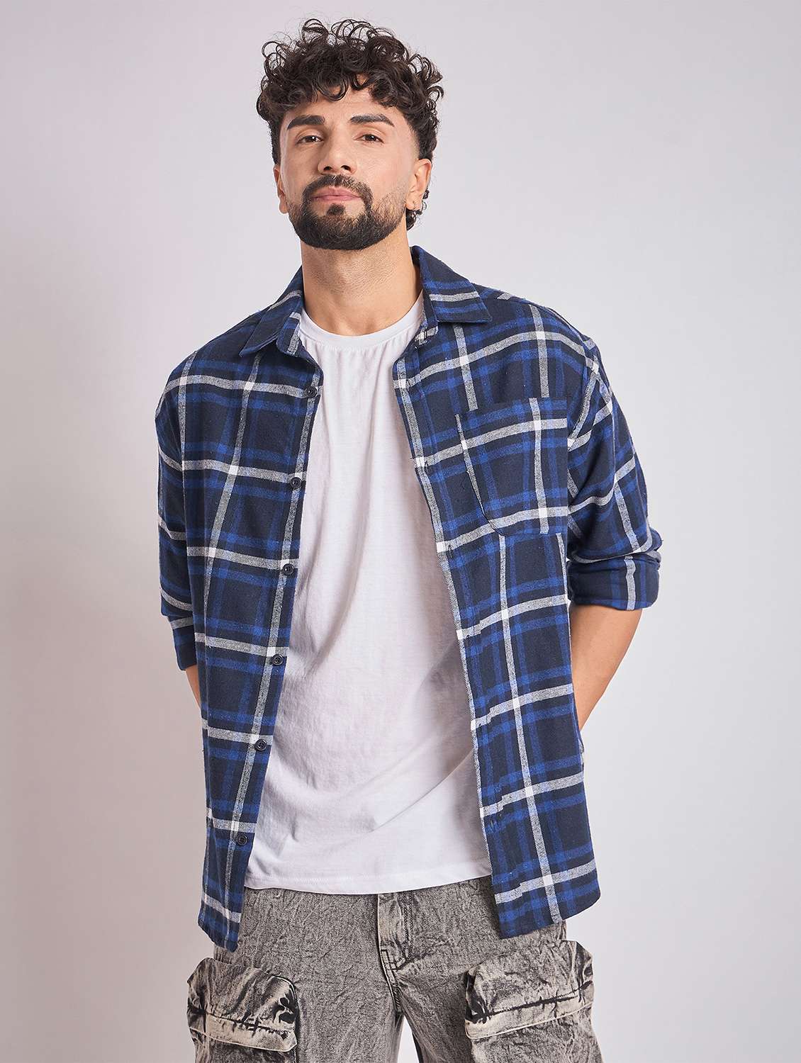 men checkered long sleeve oversized casual shirt - 22079874 - Zoom Image - 0