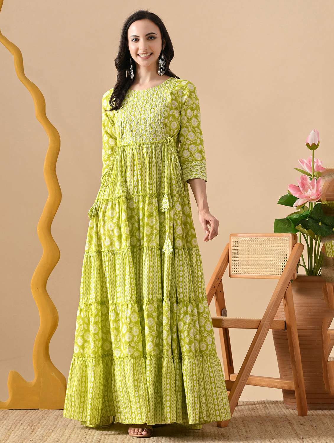 women printed three quarter sleeve ethnic dress - 22079878 -  Zoom Image - 0