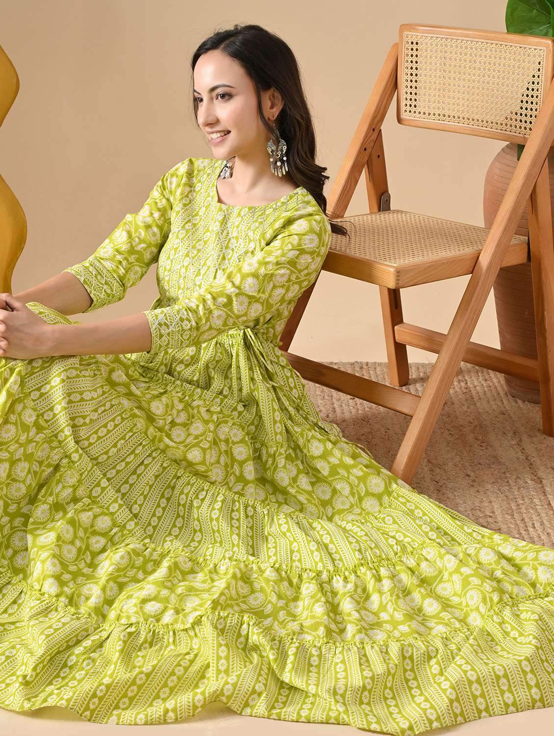 women printed three quarter sleeve ethnic dress - 22079878 - Standard Image - 3