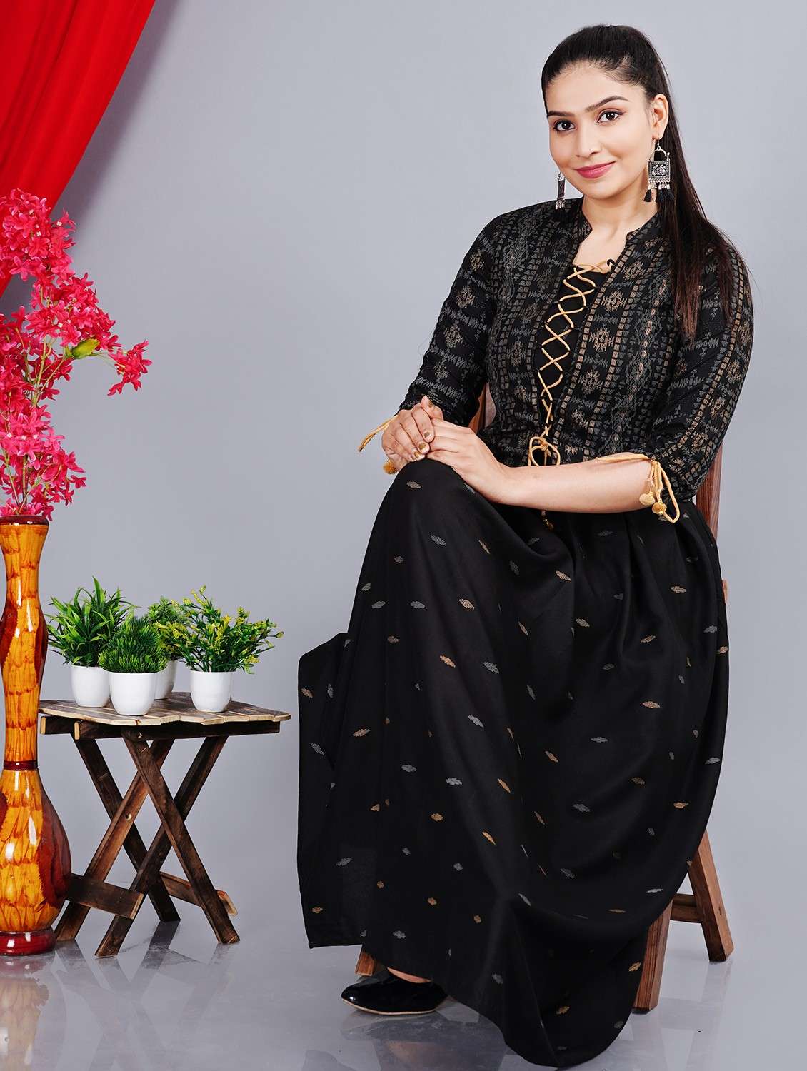 women printed three quarter sleeve ethnic dress - 22079879 -  Standard Image - 3