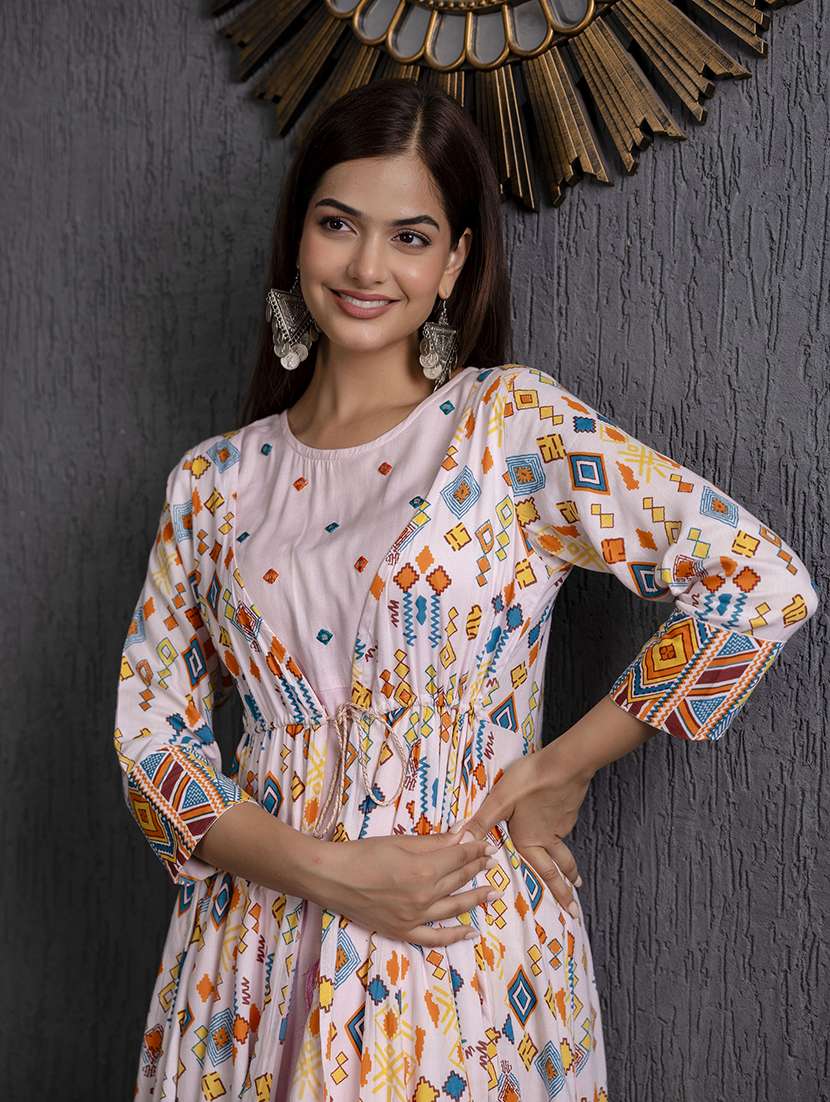 women printed three quarter sleeve ethnic dress - 22079880 - Standard Image - 3