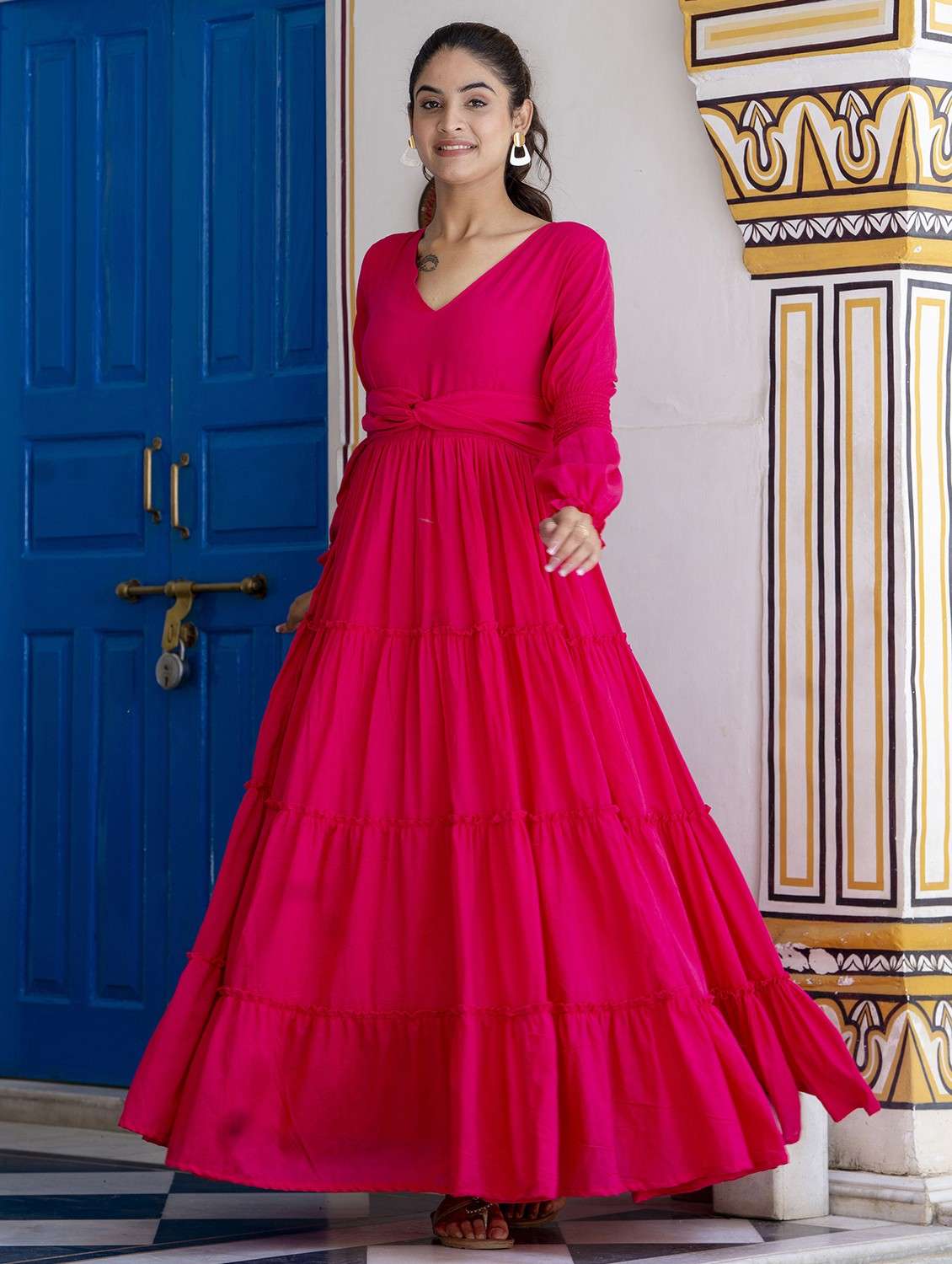 women solid long sleeve tiered ethnic dress