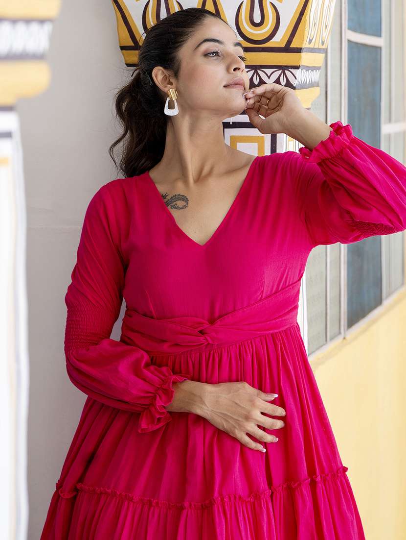 women solid long sleeve tiered ethnic dress - 22079884 -  Standard Image - 3