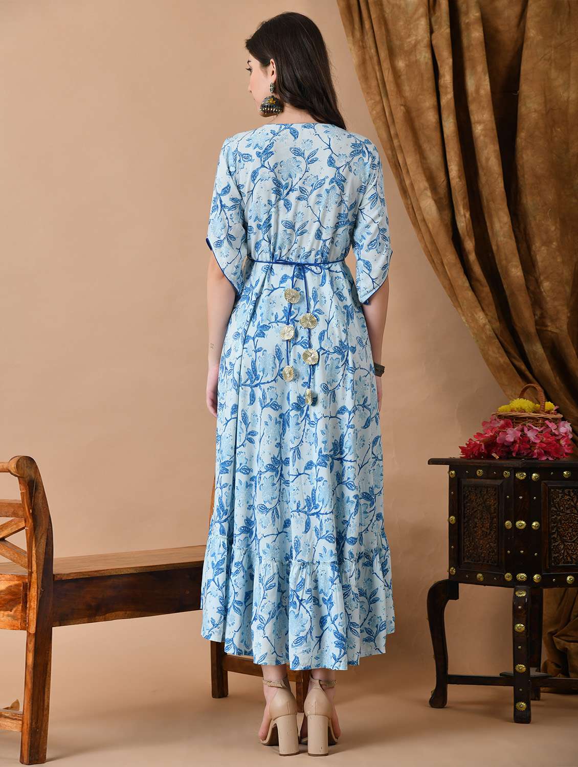 women floral printed three quarter sleeve ethnic dress - 22079886 -  Standard Image - 3