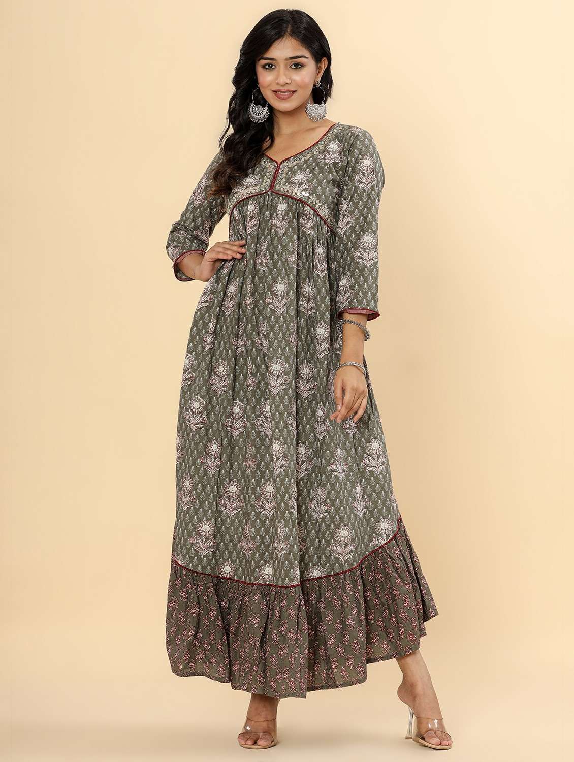 women printed three quarter sleeve ethnic dress - 22079887 -  Zoom Image - 0