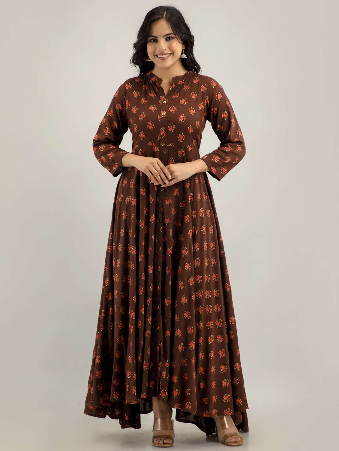 women floral printed three quarter sleeve ethnic dress