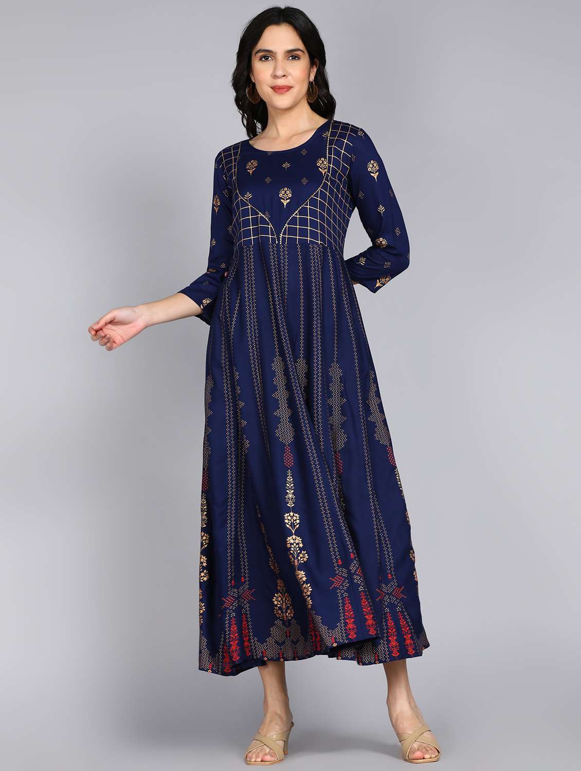 women foil printed three quarter sleeve ethnic dress