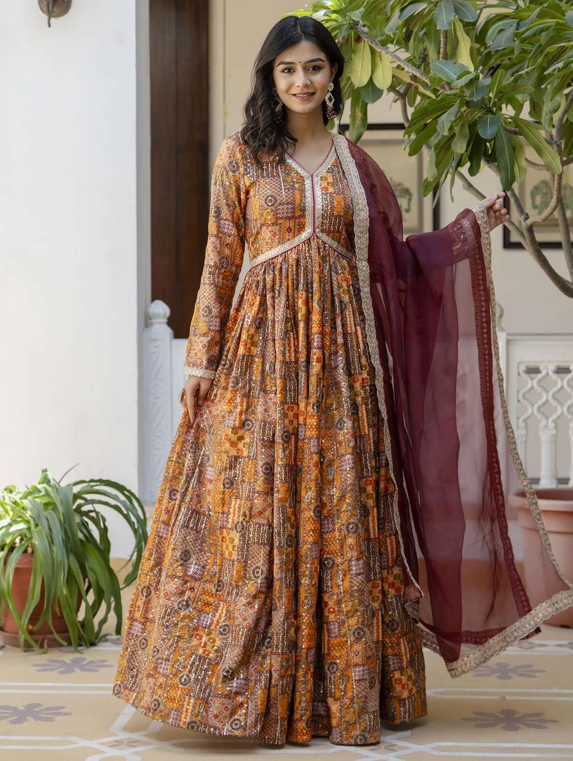 women printed long sleeve kurta with dupatta set