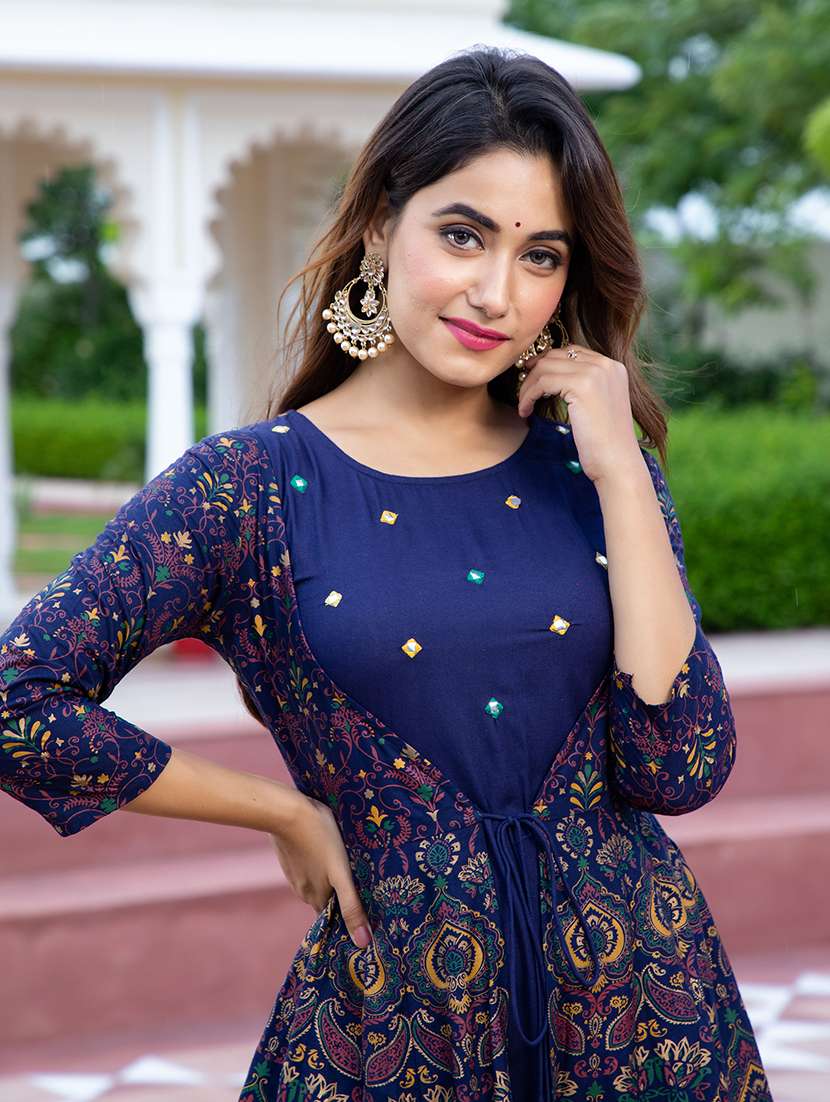 women printed three quarter sleeve ethnic dress - 22079893 -  Standard Image - 3