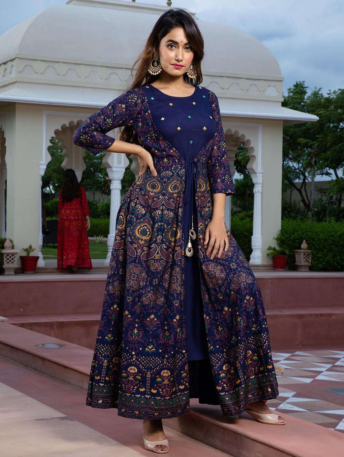 women printed three quarter sleeve ethnic dress - 22079893 -  Standard Image - 3
