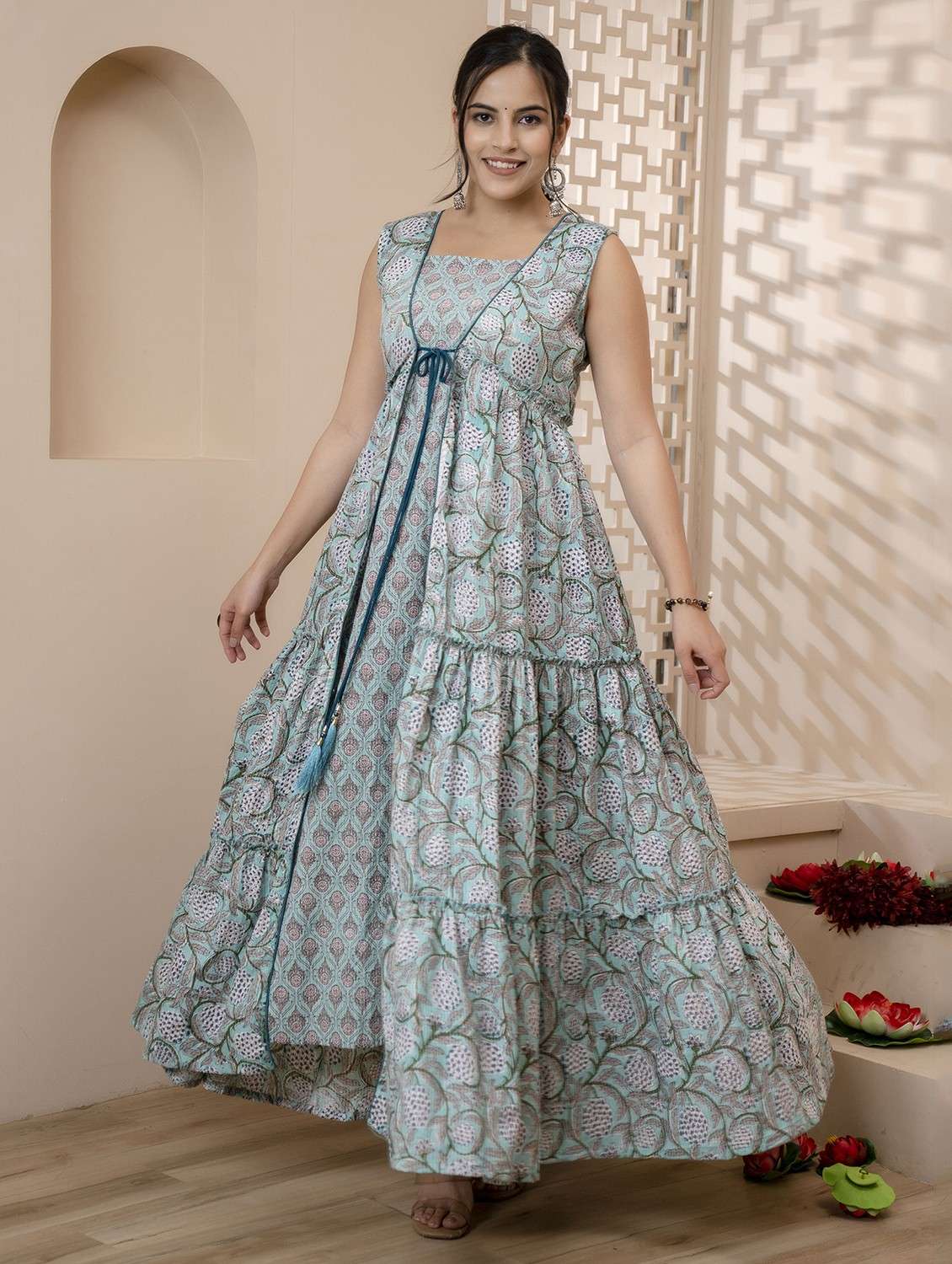 women printed sleeveless tiered ethnic dress