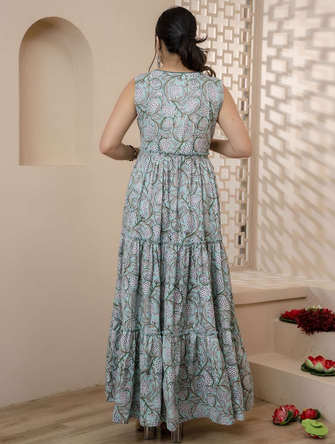 women printed sleeveless tiered ethnic dress - 22079895 - Standard Image - 3