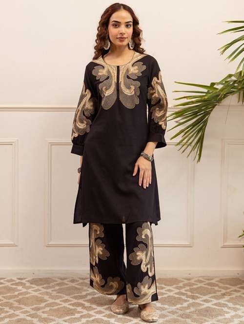 women solid with work three quarter sleeve ethnic co-ord set - 22079903 -  Standard Image - 0
