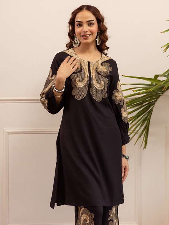 women solid with work three quarter sleeve ethnic co-ord set - 22079903 - Standard Image - 3